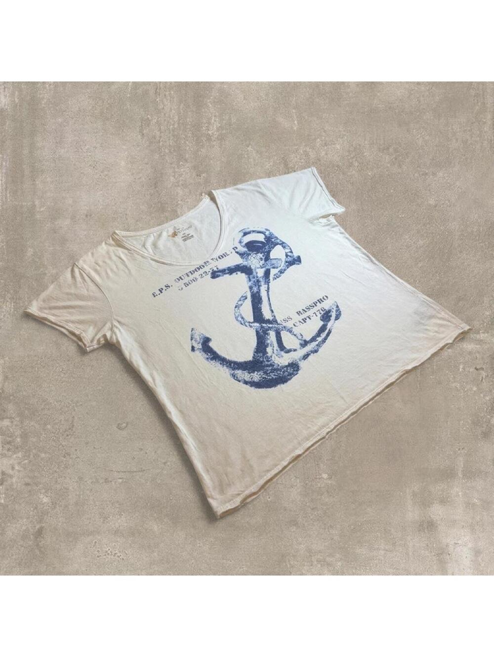 Natural Reflections Womens 1X White Graphic Tee Anchor Bass Pro V-Neck Shirt